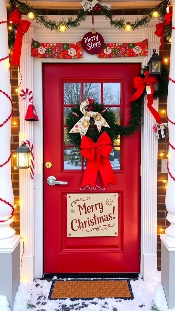 A festive door decorated for Christmas with lights and ornaments inspired by 